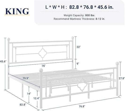 Allewie King Size Metal Platform Bed Frame with Victorian Vintage Headboard and Footboard/Mattress Foundation/Under Bed Storage/No Box Spring Needed/Noise-Free/Easy Assembly, White