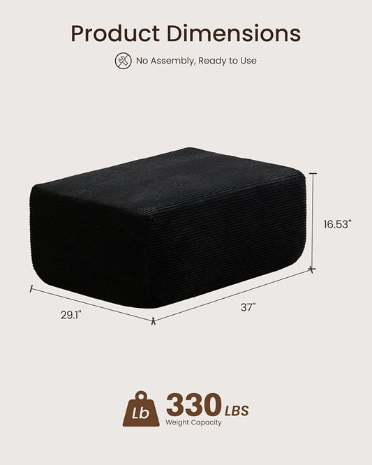 37" Plush Boneless Ottoman, Upholstered Cloud Footrest for Boneless Couch in a Box,Oversize Poufs for Living Room & Bedroom Sofa Ottoman,Comfy Seating with Dense Foam, Black (Corduroy Fabric)