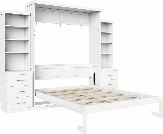 Murphy Bed Queen Size,Murphy Bed with Storage Shelves and Drawers,Wall Bedframe w/Wood Slatk,can be Folded,No Box Spring Needed,for Bedroom Apartment,White