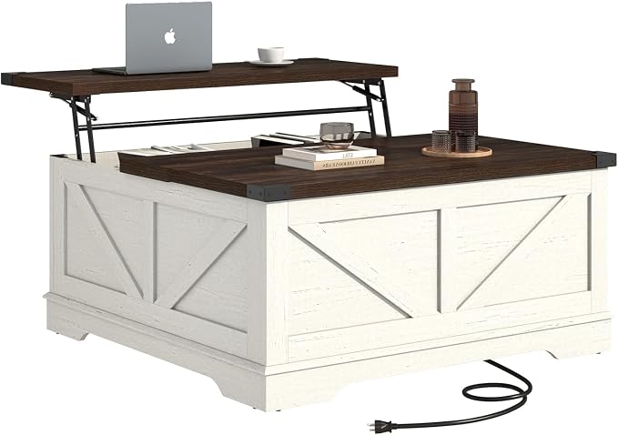 Hlivelood 40” Large Farmhouse Lift Top Coffee Table with Power Outlets and Large Hidden Storage, Square Wood Living Room Tables, Multi-Function Lift Wooden Barn Door Center Table, Rustic White