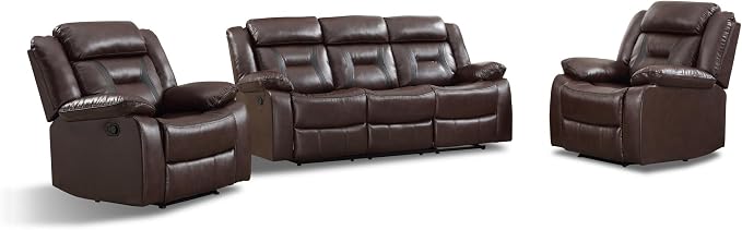 EBELLO Faux Leather Recliner Sofa Furniture Set for Living Room, 2 Recliner Chairs, 3 Seat Recliniing Sofa Couch Set for Meeting Room, Dark Brown