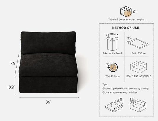 36 Inch Middle Seat | Modular Sectional Couch Sofa | Black