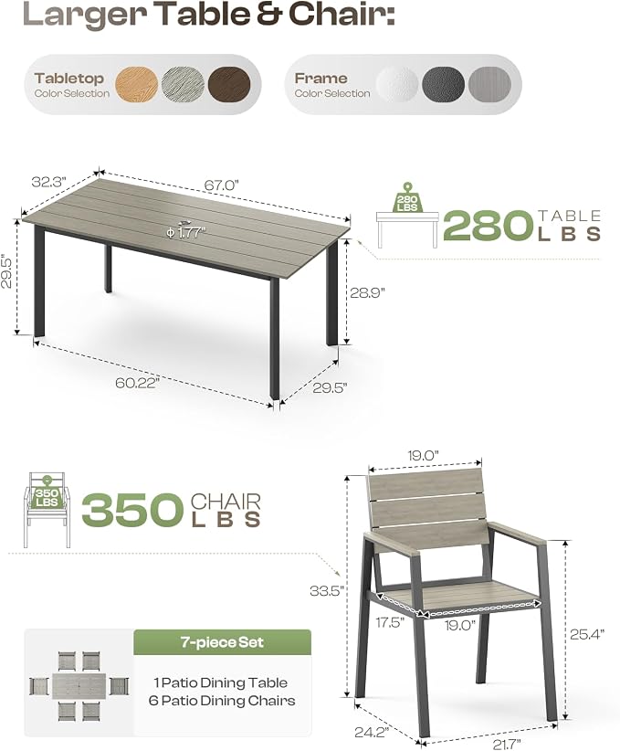 Oasbira Outdoor Dining Set for 6, Aluminum Patio Table and Chairs Set with Umbrella Hole, 7 Piece HDPS Outdoor Furniture Sets for Patio, Garden (Gray)