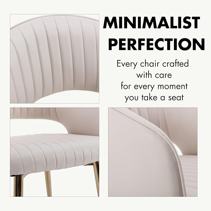 Hyfirm Leather Dining Chairs Set of 2, Modern Cream Gold Kitchen Chairs with Hollow Back, Upholstered Accent Side Chairs for Living Room/Reception/Restaurant