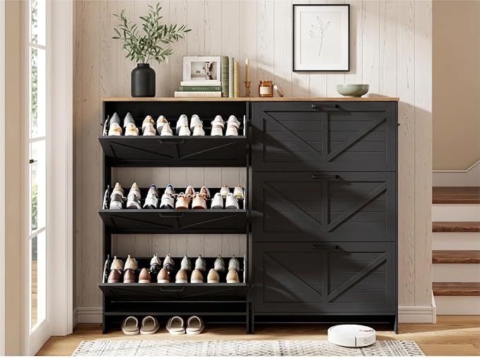 Nicetree Barn Door Shoe Cabinet for Entryway, 3 Flip Drawers Ultra Slim Shoe Storage Cabinet, 3-Tier Adjustable Shelves Shoe Organizer, Narrow Shoe Rack for Small Spaces