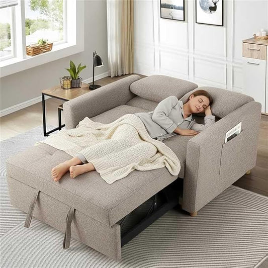 SEJOV 3-in-1 Convertible Sofa Bed, Linen Fabric Sleeper Couch Pull Out Bed, 49" 2-Seater Loveseat Futon Sofa with Spring Support, Adjustable Backrest and Pillows for Small Spaces, Living Room