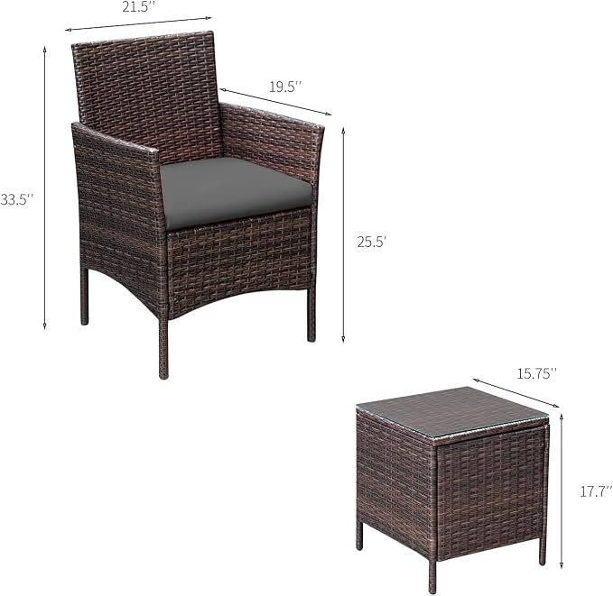 Greesum 3 Pieces Patio Furniture Sets Outdoor PE Rattan Wicker Chairs with Soft Cushion and Glass Coffee Table for Garden Backyard Porch Poolside, Brown and Gray