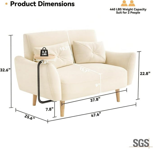 Brelice Loveseat Sofa, 47" Velvet Couch for Bedroom, Convertible Wooden Tray & Ergonomic Armrest, for Small Space, Apartment, Living Room, Home Office, Easy Assembly, Beige
