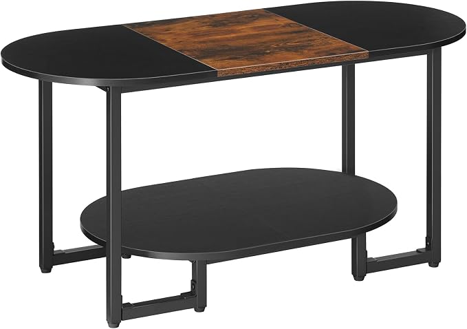 HOOBRO Coffee Table for Living Room, Oval Small Coffee Table with 2-Tier Open Storage Shelf, Industrial Cocktail Tea Table, Wooden Desktop Center Table, Home Office, Rustic Brown and Black BFK09KF01