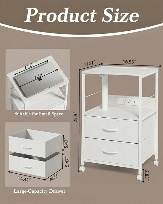 Faesun Swivel Lift Top Nightstand with Charging Station, Rolling Side Table for Recliner, Bedside Table with Wheels & 2 Fabric Drawers, for Small Spaces, for Bedroom, Living Room, White