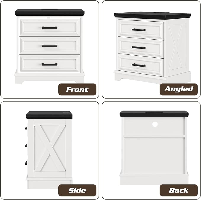 knoworld 24 Inch Wide Farmhouse Nightstands with Charging Station, White Nightstand with 3 Large Drawers, Rustic Wood End Table for Bedroom