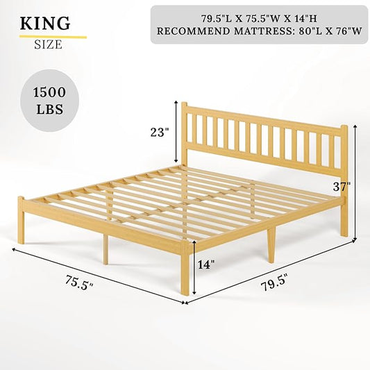 Askeld Wood King Bed Frame with Headboard, 14 Inch High Solid Bamboo Platform Bed No Box Spring Needed, Mid-Century Heavy Duty Bedframe, Easy Assembly, Noise Free