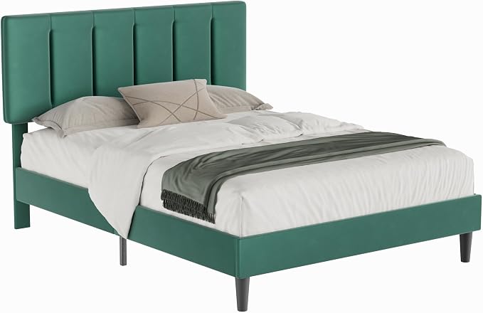 VECELO Queen Size Bed Frame with Adjustable Headboard, Upholstered Platform Bedframe with Wood Slat Support, No Box Spring Needed, Easy Assembly, Dark Green