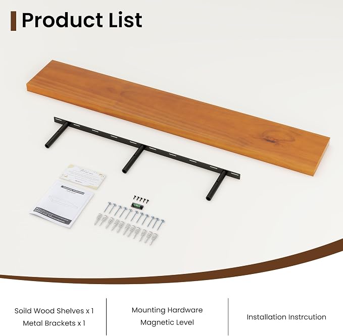 Vivelove Solid Wood Floating Shelves 48 Inches Long, 8”Deep x 1.4” Thick Wall Shelves for Bathroom, Living Room, Kitchen, Bedroom, Office, Rustic Farmhouse Home Decor, Set of 1 - Honey Oak