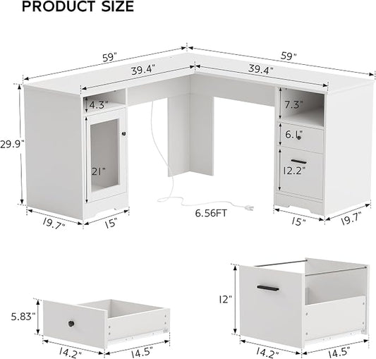 MU L Shaped Desk with File Cabinet, Corner Computer Desk with Storage Drawers, Large Home Office Table with Power Outlets, 60 Inch (White)