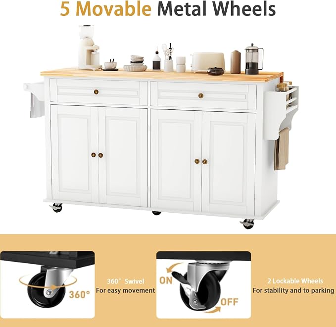 JassmiPkwy 67’’ Movable Kitchen Island with Drop Leaf and Power Outlet, Lockable Sliding Countertop Rolling Island Cart with 2 Large Drawers, Spice, Towel Rack,White