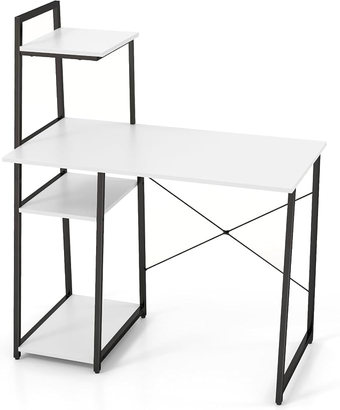 Tangkula Computer Desk with Shelves, Space Saving Home Office Desk with 3-Tier Ladder Shaped Storage Bookshelf, Modern Writing Study Desk with Metal Frame, Compact Computer Workstation (White)