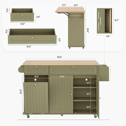 ComfyCorner 60" Rolling Large Kitchen Island on Wheels with Extendable Table, Drop Leaf & Power Outlet, Mobile Kitchen Cart with Storage Cabinet, 2 Drawers, Spice Rack, Towel & Knife Holder, Green