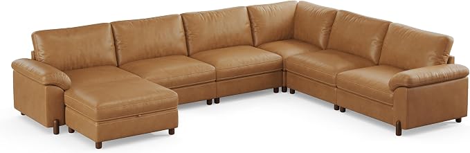 SITJOY Large Cloud Couch, 138" Wide 6 Seater U Shape, Faux Leather in Brown | Pet-Friendly Scratch-Resistant Leather Sectional Sofas for Living Room, Deep Seat Wide Couch with Chaise, Storage Ottoman