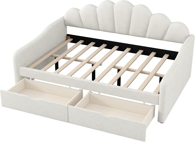 Ball & Cast Full Size Daybed with Two Storage Drawers,Velvet Upholstered Day Bed Frame Full with Shall Shaped Backrest and Wood Slat Support,No Box Spring Needed,Beige