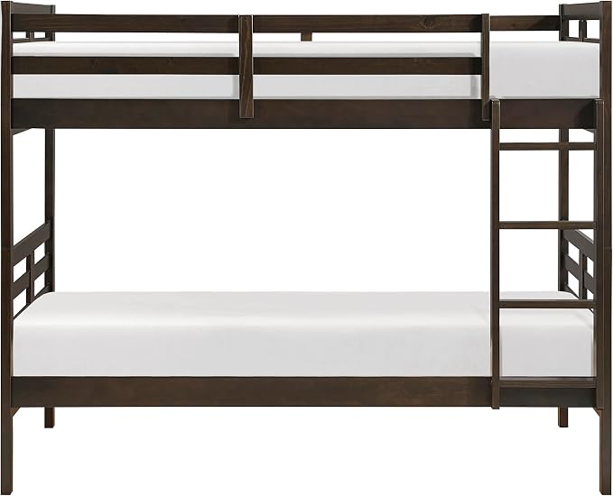 Lexicon Bunk Bed Twin Over Twin, Wooden Bed Frame with Sturdy Ladder and Safety Guard Rails, Modern Space-Saving Design, for Bedroom/Guest Room, No Box Spring Needed, Dark Brown