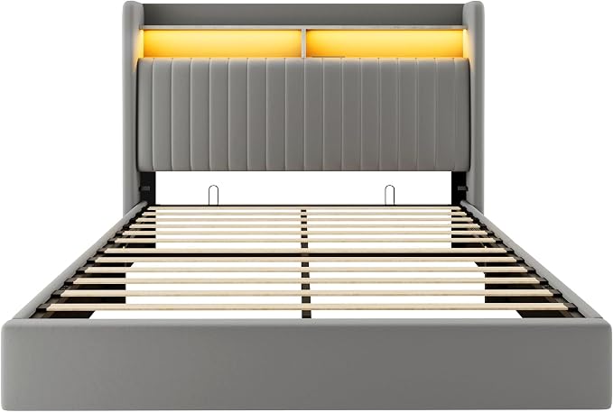 Allewie Full Size Lift Up Hydraulic Storage Bed Frame, 2-Tier Shelf Headboard with LED Lights and Charging Station, USB and Type C Ports, Wingback Velvet Headboard, No Box Spring Needed, Gray