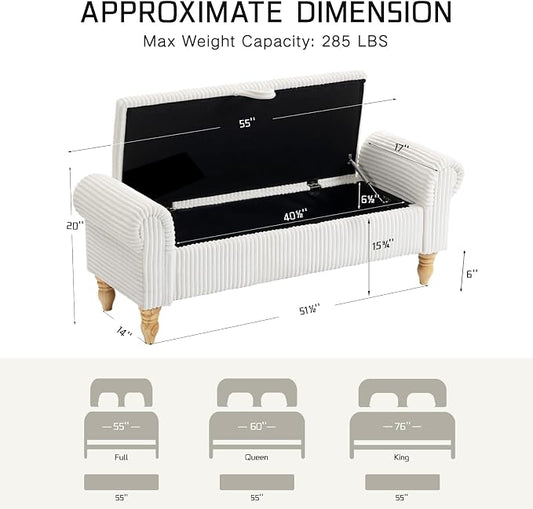 55" Bench for End of Bed Storage Benches, Queen End of Bed Bench Corduroy Upholstered Storage Ottoman Window Bench with Storage, for Bedroom, Entryway, Closet, White