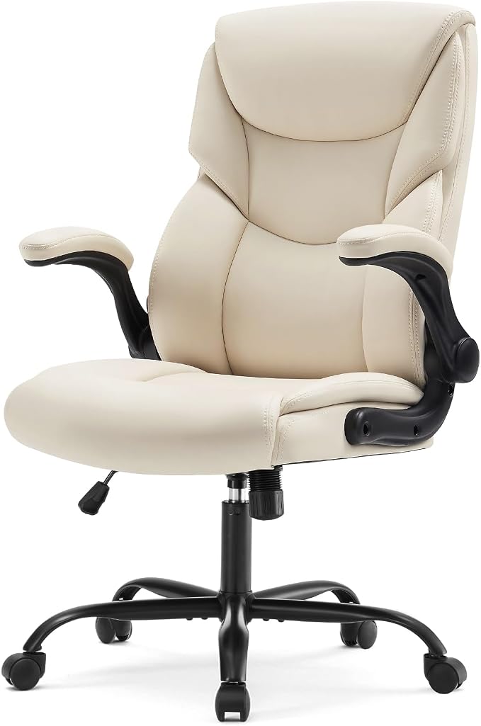 Sweetcrispy Office Executive Chair - Heavy Duty High Back Home Desk Chair with Flip-up Armrest, PU Leather, Height Adjustable & Swivel Rolling with Wheels, Beige