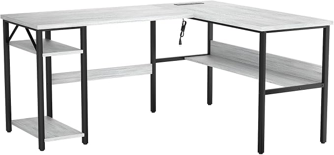 Unikito L Shaped Computer Desk with Magic Power Outlets and USB Charging Ports, Sturdy Reversible Corner Desk with Storage Shelves, Modern Work Desk for Home Office, Easy to Assemble, White Oak