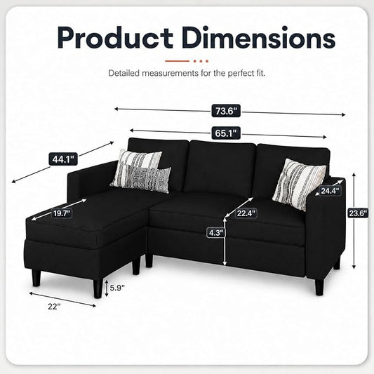 73.6" Convertible Sectional Sofa Couch with Reversible Ottoman, Modern 3-Seater L-Shaped Couch for Small Spaces, Compact Sofa for Studio Apartment, Living Room & Office, Easy Assembly (Black)