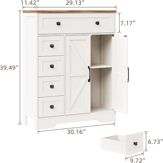 Vabches Farmhouse Storage Cabinet with 2 Doors and 5 Drawers, Freestanding Bathroom Cabinets Kitchen Pantry, Floor Storage Cabinet Hutch Cupboard for Living Room/Bathroom/Kitchen. Unique White