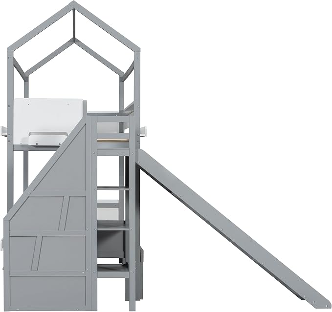 Harper & Bright Designs Twin Over Full House Bunk Bed with Trundle and Slide, Metal Bunk Bed with Bookshelf and Stairs for Kids Teens Adults, Space Saving, No Box Spring Needed, Gray+White