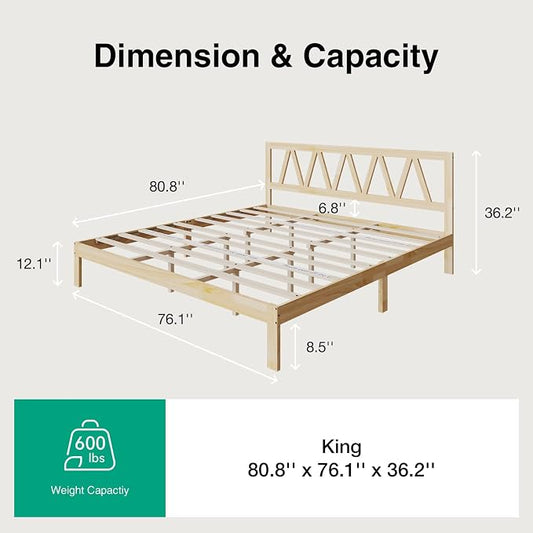 Novilla 12inch King Bed Frame Wooden King Bed Frame and Headboard, Solid Wood King Size Bed Frame with Headboard, No Box Spring Needed, Easy Assembly, Pine