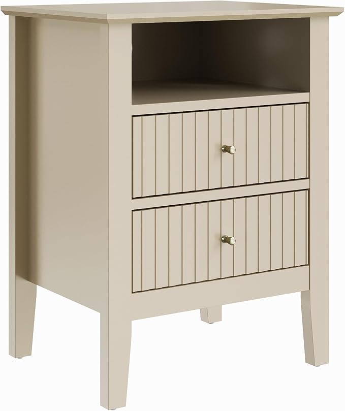 RoyalCraft Beige Fluted Nightstand Set of 2, Colorful Nightstand with 2 Drawers, Modern Wooden End Table with Storage for Small Spaces, Side Table for Bedroom, Couch, Home Office