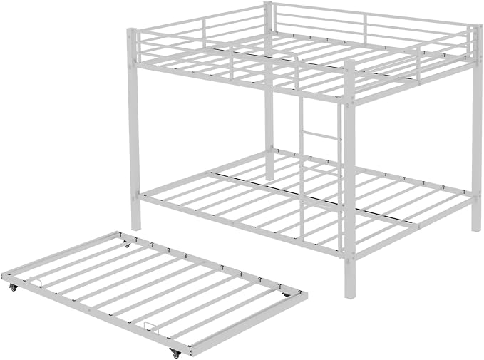 Metal Bunk Bed with Trundle, Space-Saving Bunk Bed Full Over Full with Ladders and Safety Guardrail, Heavy Duty Full Bed Frames, No Box Spring Needed and Noise Free(White)