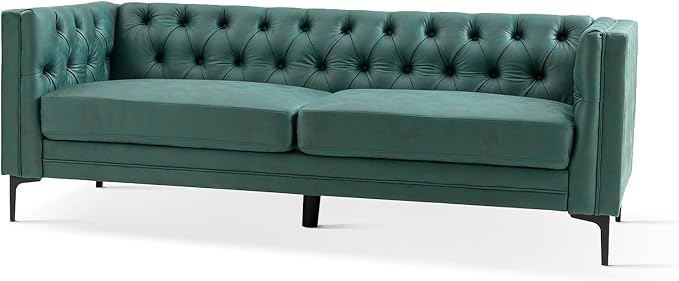 HULALA HOME 84" W Faux Leather Sofa Couch with Metal Legs, Button-Tufted 3-Seater Sofa, Mid Century Modern Contemporary Upholstered Couch for Living Room, Entertainment Area, Apartment,Green