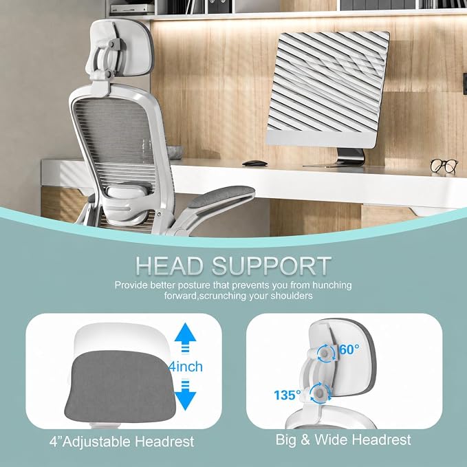 Mimoglad Office Chair, High Back Ergonomic Desk Chair with Adjustable Lumbar Support and Headrest, with flip-up Armrests for Guitar Playing, 5 Years Warranty (Modern, Grey/Gray)