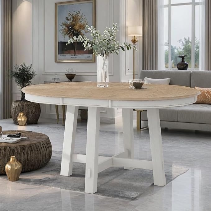 LUMISOL 42"-58" Extendable Round Dining Table for 4-8, Farmhouse Oval Kitchen Table with Removable Leaf, Solid Wood Dinner Tables for Kitchen, Dining Room, Small Space, Oak+Antique White