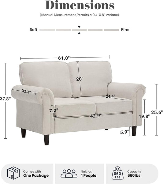 Kingfun Loveseat 2 Seater Couch, Mid Century Modern Chenille Sofa with Rolled Arms and Deep Seats, Fluffy Comfort for Living Room, Apartment, Easy Assembly, Beige