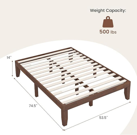 COSTWAY Wood Platform Bed Frame, 14 Inches Solid Rubber Wood Bed Mattress Foundation with Sturdy Slats Support, Easy Assembly Bed Frame for Home Hotel, No Box Spring Needed (Walnut, Full)