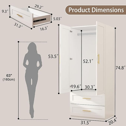 Armoire Wardrobe Closet with Drawers: 75" White Wardrobe Closet with 2 Doors and 2 Drawers, Wood Armoire Closets Cabinet for Hanging Clothes, Bedroom Armoires with Hanging Rod (31.5")