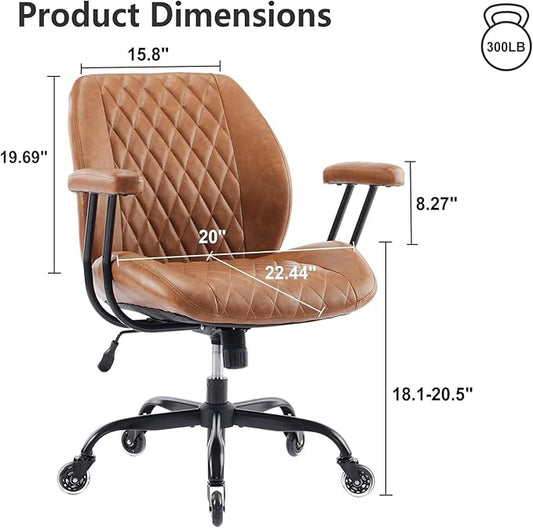 YFO Home Office Desk Chair Office Rubber Casters Ergonomic Computer Chair with Lumbar Support Adjustable Height Rolling Swivel Executive Task Armrests Chair, Brown Leather