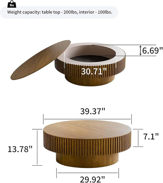 39'' Round Coffee Table with Storage, Modern Wooden Coffee Table with Solid Wood Veneered, Circle Center Table Accent Tea Table for Living Room Apartment Brown