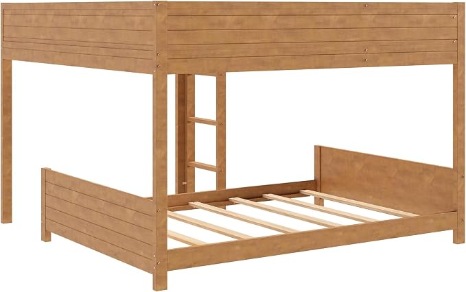 Full XL Over Full XL Bunk Bed with Built-in Storage Shelf & Ladder, Wood Bed Frame with Support Slats, Space-Saving Design, Walnut