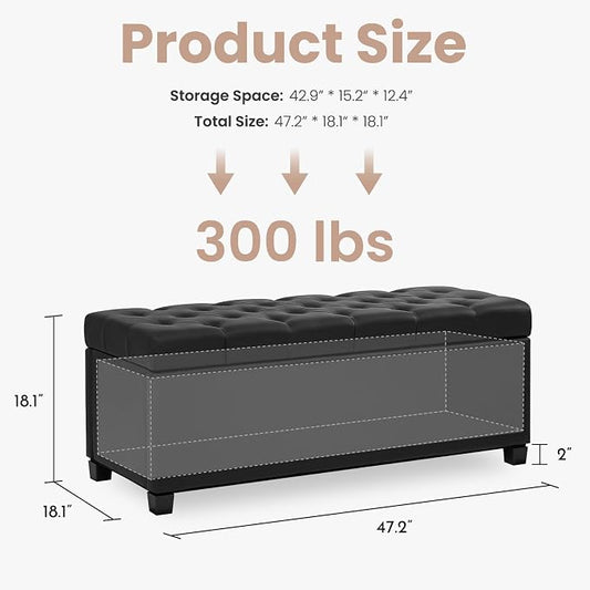 47.2" Ottoman with Storage, Storage Ottoman Bench with Safety Hinge,Tufted End of Bed Bench, Upholstered Entryway Bench for Bedroom, Living Room & Window (Black-Upgraded Version)