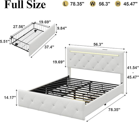 4 Pieces Full Bedroom Set, Modern PU Fabric Metal Bed Frame with Charge Port, LED Light& Adjustable Headboard, Vanity Table with Slide LED Mirror& Hair Dryer Holder, 2 Nightstands with Charge