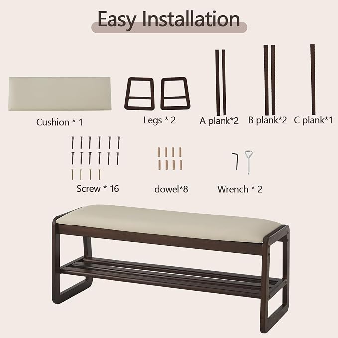 Achicsofar Shoe Rack Bench,2 Tier Solid Wooden Entryway Bench with Shoe Storage, Shoe Rack with Cushion for Living Room, Hallway(Pu Beige, 39.4")