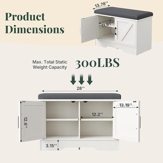 DUMOS 28 Inch Storage Bench, Shoe Organizer Cabinet with Thickened Padded Seat Cushion, Entryway Bench with 2 Doors & Adjustable Shelf for Hallway, Bedroom, Living Room, White
