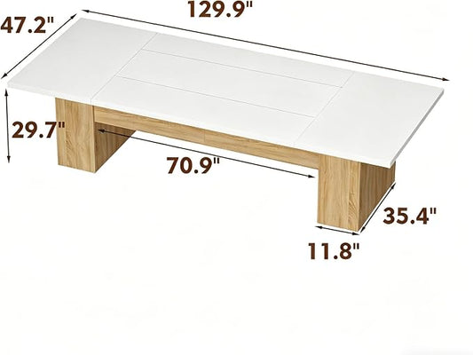 130" W Extra Large Conference Desk Table for 8-10 Persons, Modern Office Work Desk with Sturdy Pedestal Base, Long Rectangular Executive Study Table for Office, Living Room, White & Oak