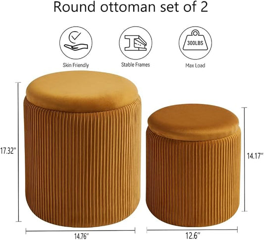 BLEXA Round Ottoman with Storage Set of 2-Upholstered Velvet Vanity Stool for Makeup Multifunctional Ottomans Coffee Table Padded Seat Foot Rest (Yellow-Upgrade Tray Lid)